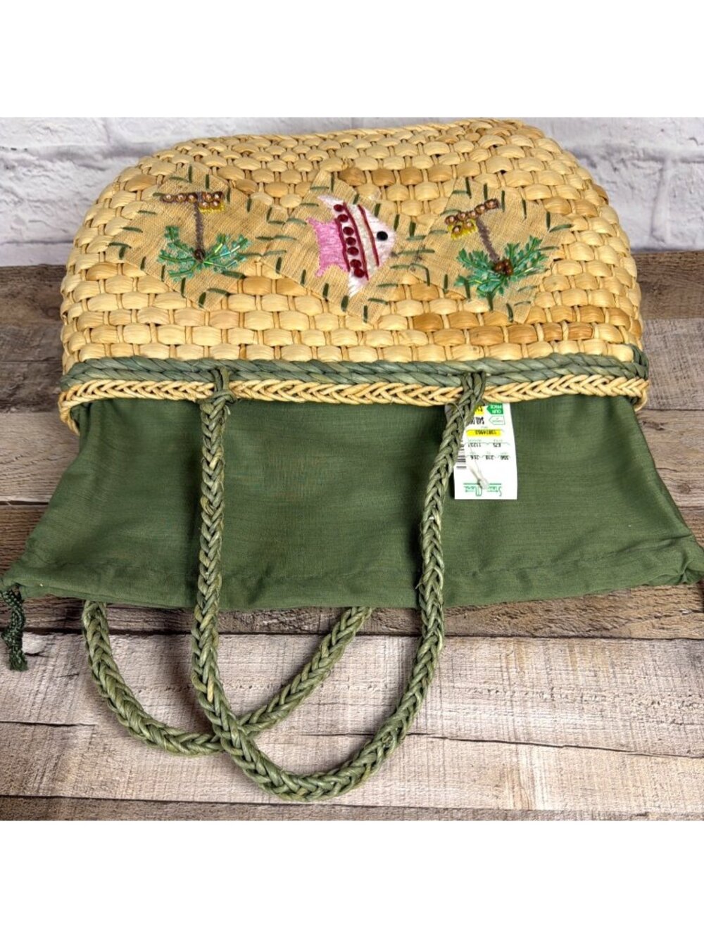 Y2K Tropical Straw Tote Drawstring Security Liner Summer Beach Vacation Purse - Picture 11 of 16